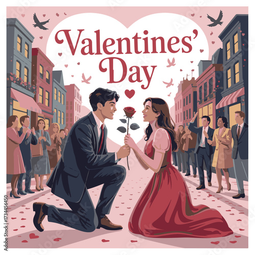 Romantic valentine s day scene with a man proposing to a woman with a rose on a city street with couples celebrating