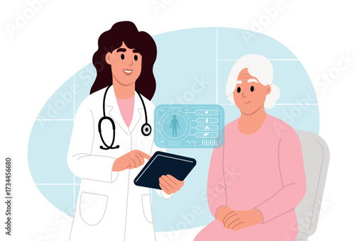 Elderly woman consulting doctor about health insurance. Vector illustration in flat style.