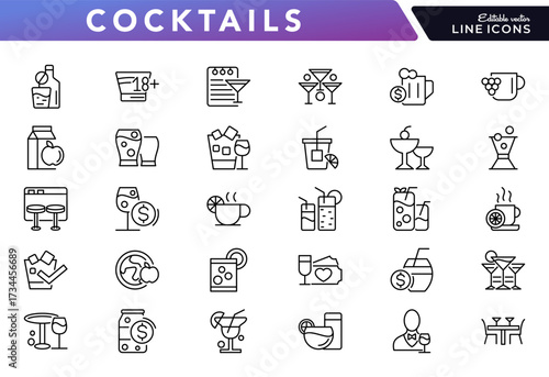 Chocktails line icon set. Beer, mojito, whiskey, garnishes, straws, wine, drug, grapes, juice, Cuba Libre, lemonade, ice tea line Editable stroke icon collection
