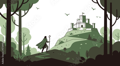 A lone traveler's quest: Journey to the hilltop castle through enchanted forest scenery