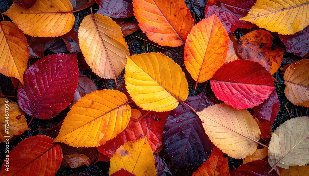 Fototapeta premium Close up of Colorful Autumn Leaves with Water Droplets in Detail Dark Background Macro Photography