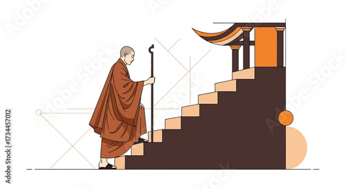 A serene illustration of a buddhist monk ascending stairs towards enlightenment or temple