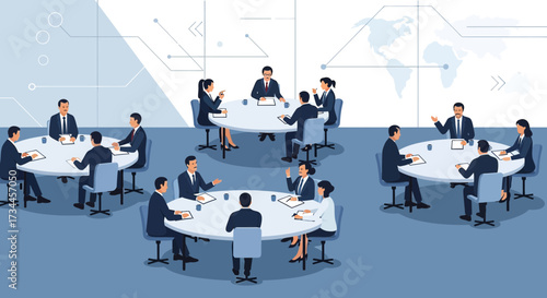 A series of business meetings unfolding in a corporate setting with a world map background