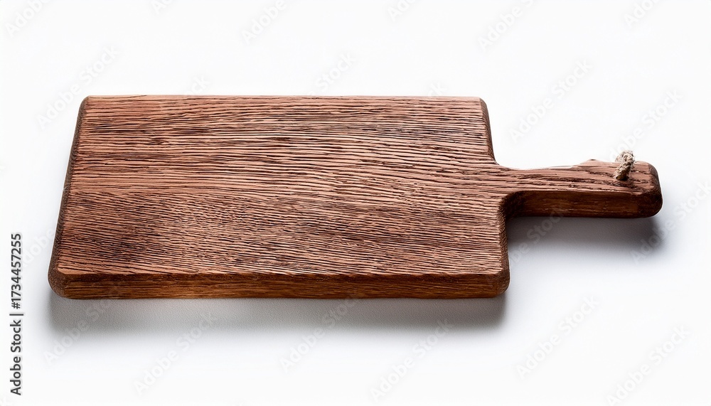Fototapeta premium rustic brown wooden cutting board with handle isolated on white