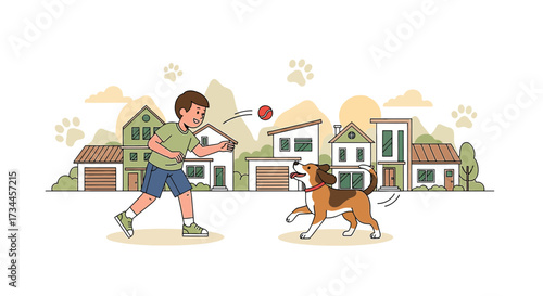 A young boy happily playing fetch with his energetic dog in a suburban neighborhood landscape