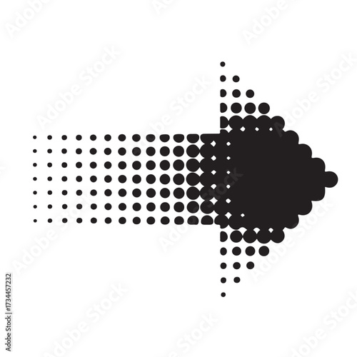 A black arrow symbol composed of dots fading from solid to transparent, isolated on white background technology background
