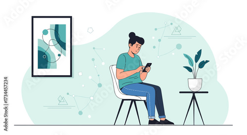 A young man using mobile phone inside a minimal decorated room illustration