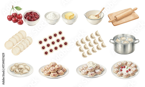 Watercolor Varenyky Dumplings Ingredients and Traditional Dish