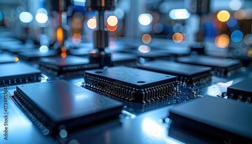 Close Up of Control Gauges and Meters on Testing Machine in Studio with Soft Blue Lighting and Electronic Component Array