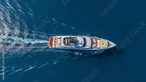 Aerial top-down view of a luxury motor yacht cruising across the deep blue ocean