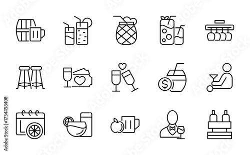 Chocktails line icon set. Beer, mojito, whiskey, garnishes, straws, wine. drug, graps, juice, Cuba Libre, lemonade, ice tea line icon collection