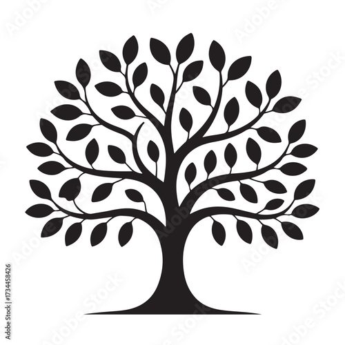 Black silhouette of a stylized tree with many leaves, isolated on white background technology background