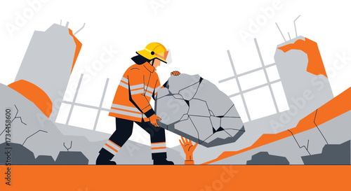 Brave firefighter lifting debris to rescue trapped victim after earthquake disaster heroic act