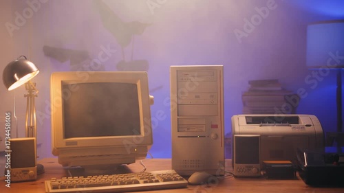 Retro pc computer gaming, Desktop vintage with loading code console, programmer making scripts, green basic screen, Old computer studio close-up, retro wave display, late 90s PC.