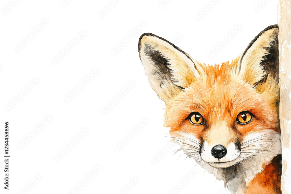 Fototapeta premium Watercolor of a red fox peeking from behind wall isolated on transparent background