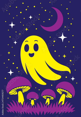 Centered spooky-cute T-shirt design featuring a small white sheet ghost standing on grassy ground, surrounded by tall red toadstools with white spots. A crescent moon and starry night sky appear above