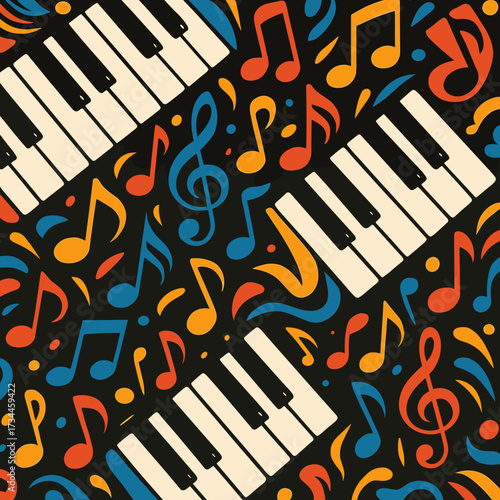 Colorful musical pattern with piano keys and lively notes on a dark background