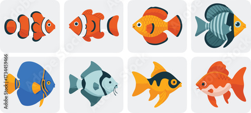 Collection of Diverse Geometric Style Fish Icons Representing Various Aquatic Species and Tropical Marine Life
