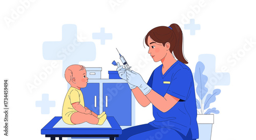 Cartoon illustration depicting a medical professional administering a vaccine to a baby in a
