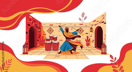 Celebrating cultural festivities with traditional music and joyful performance depicted in art