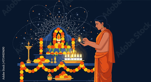 Celebrating Diwali: Woman lights diya for traditional Hindu festival illustration