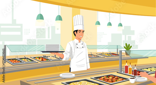 Chef serving food in a buffet style restaurant with various dishes and salads offering a diverse