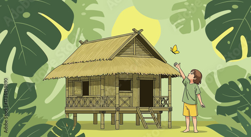Charming tropical scene depicting a traditional stilt house and a child reaching for a butterfly