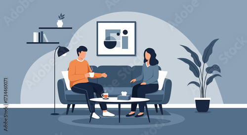 Couple enjoys conversation and coffee in modern living room, creating warm atmosphere