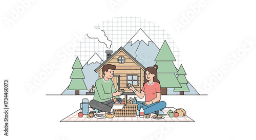 Couple enjoys a delightful picnic amidst a serene landscape by a charming cabin retreat