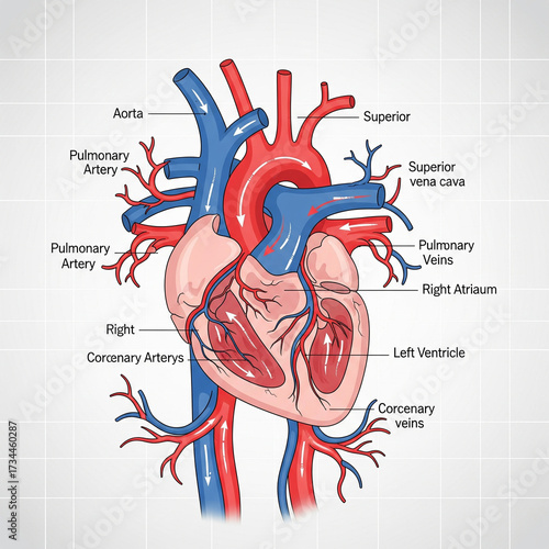 Educational color-coded diagram of human heart anatomy with major blood vessels and chambers for medical study