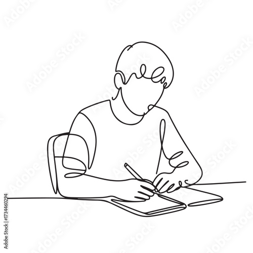 Continuous line drawing of a person sitting at a desk and writing in a notebook with a pen, isolated on white background technology background