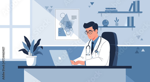 Dedicated doctor working on his laptop in a modern medical office setting illustration