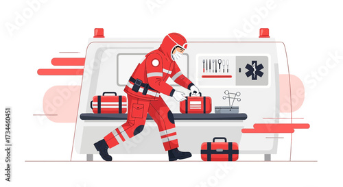 Dedicated paramedic arranging medical supplies inside ambulance during an emergency call service