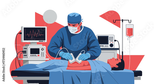 Defibrillation illustration portraying a surgeon using defibrillator paddles on a patient