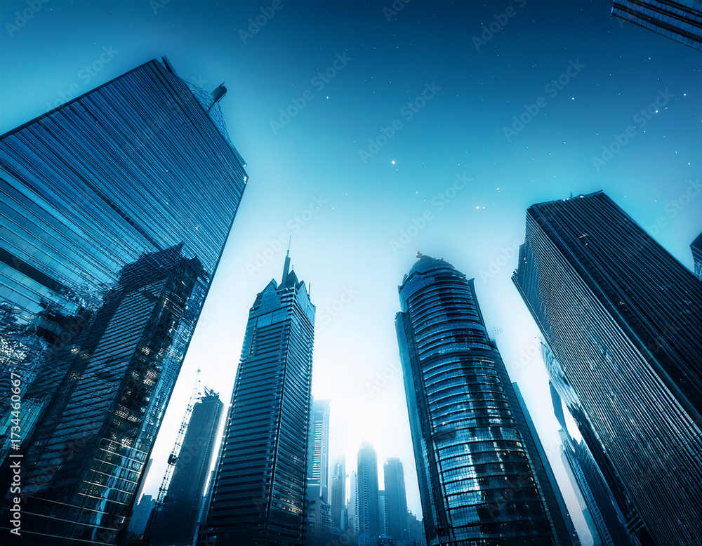 Fototapeta premium skyscrapers reflecting the city lights and the integration of finance and technology