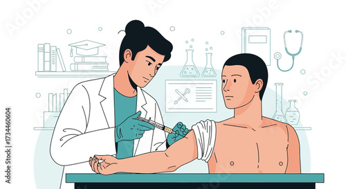 Doctor administering vaccine injection to patient, health care setting featuring medical