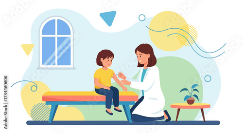 Doctor administering vaccine to child in medical clinic with colorful background illustration