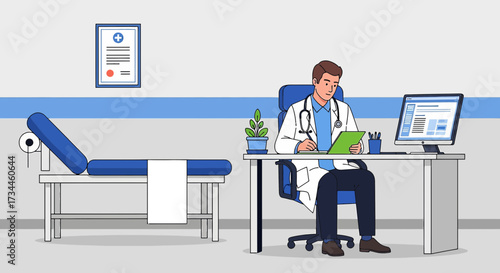 Doctor consulting patient information in his office with examination table and computer screen