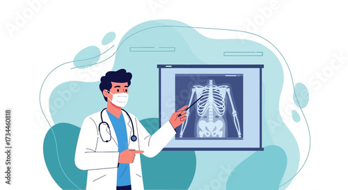 Doctor explaining x-ray analysis with mask and stethoscope healthcare professional character