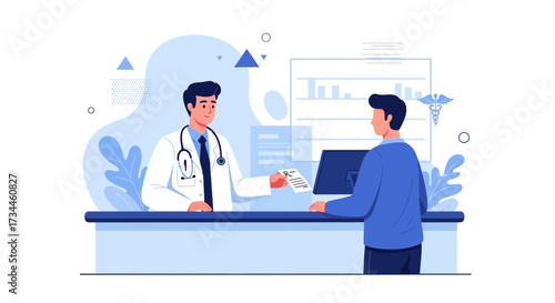 Doctor giving prescription to patient at clinic reception with medical background information for