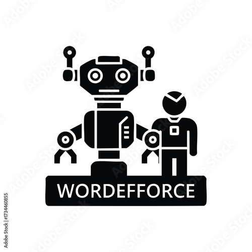 Robotic figure with a human companion standing behind a sign labeled 'WORDEFFORCE' in a minimalistic black and white design