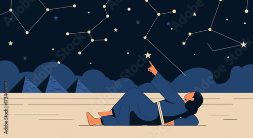 Dreamy night stargazer illustration with pyramids and constellations in egypt landscape