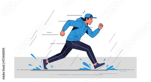 Dynamic illustration of a man running in the rain with expressive motion lines and water splashes