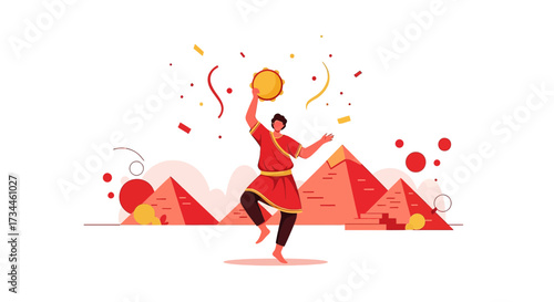 Egyptian man with a drum celebrates a festival in front of the pyramids of Giza Egypt