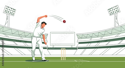 Dynamic illustration of a cricket bowler in action at a stadium ready to compete