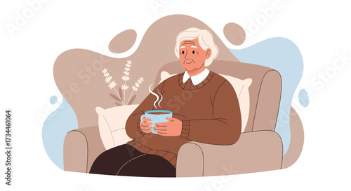 Elderly woman enjoying a hot beverage in armchair creating a peaceful atmosphere with soft colors