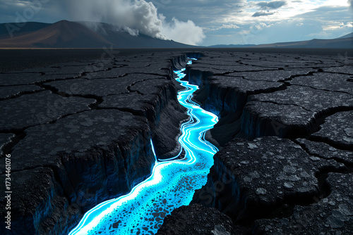 Surreal fantasy landscape of a glowing blue river of energy flowing through the dry cracked earth of a vast and desolate desert