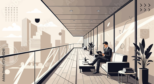 Elegant businessman reading on a modern office balcony overlooking a city skyline