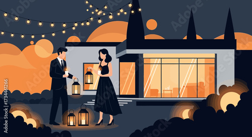 Elegant evening celebration with lanterns at a modern home amidst glowing lights