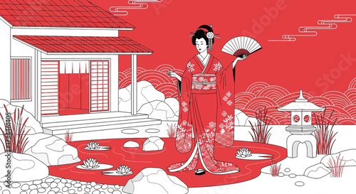 Elegant geisha in a traditional kimono standing near a Japanese house and garden